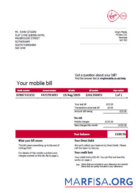 Downloadable USA Virgin Media utility bill template in Word and PDF formats, version 2